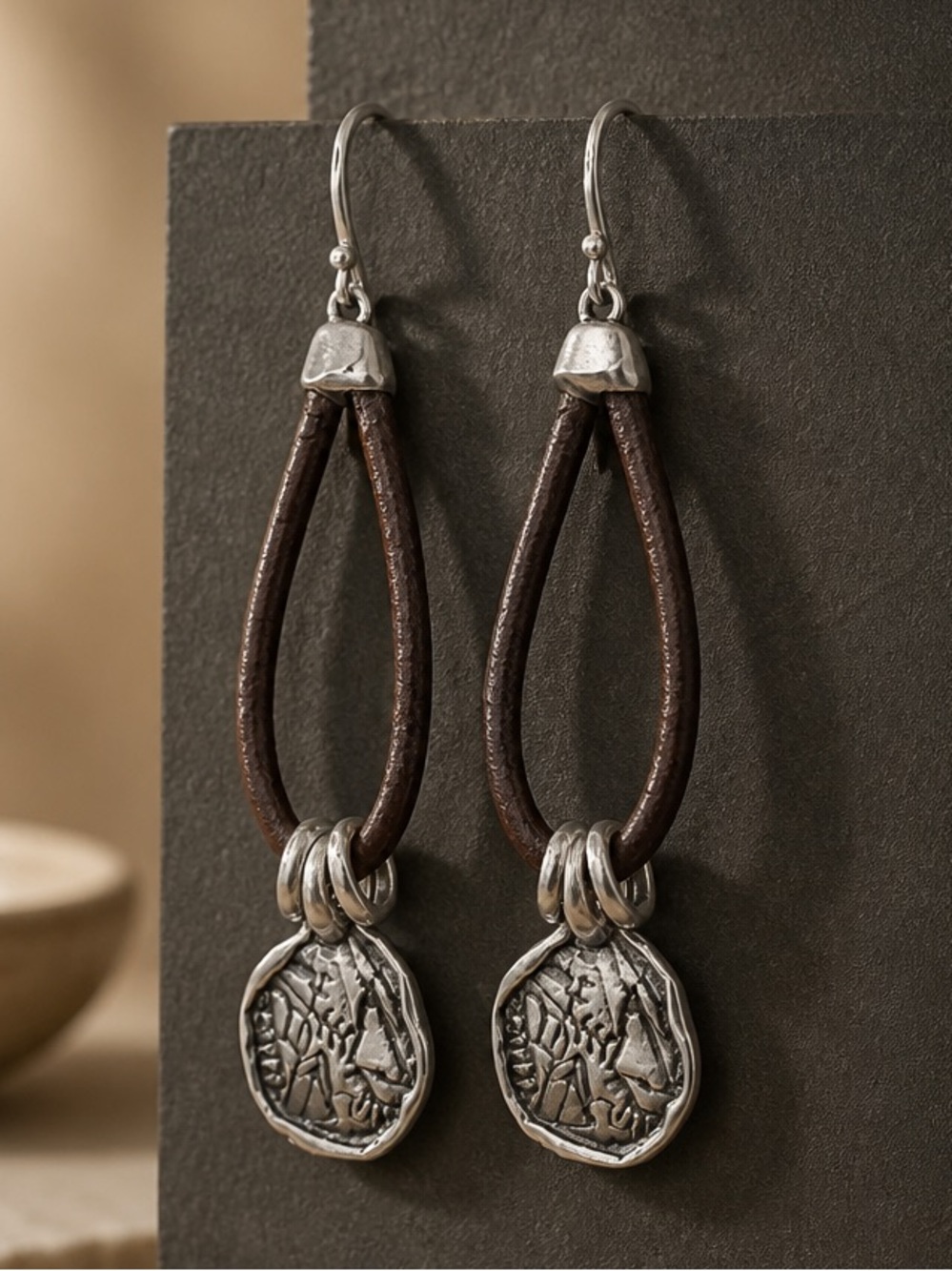 Retired W2179 Silpada Leather Prairie Girl Disc 925 Sterling Silver Earrings